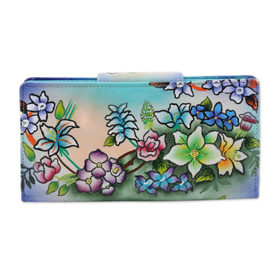 UNICEF Market  Hand Painted Leather Floral Wallet from India - Blue Lagoon