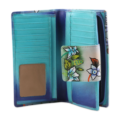 UNICEF Market  Hand Painted Leather Floral Wallet from India - Blue Lagoon