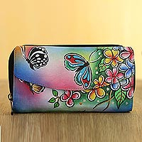 Hand painted leather wallet, 'Garden of Delight' - Hand Painted Leather Butterfly Wallet from India