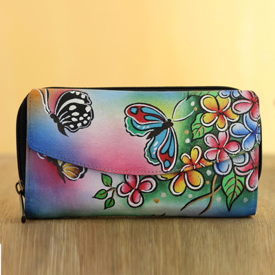 Hand painted leather wallet, 'Garden of Delight' - Hand Painted Leather Butterfly Wallet from India