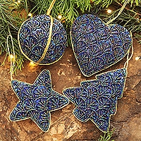 Beaded satin ornaments, 'Blue Christmas' (set of 4) - Blue Satin Beaded Christmas Ornaments (Set of 4)