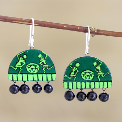 Ceramic dangle earrings, 'Dancing Drummers' - Hand Crafted Green Ceramic Dangle Earrings from India