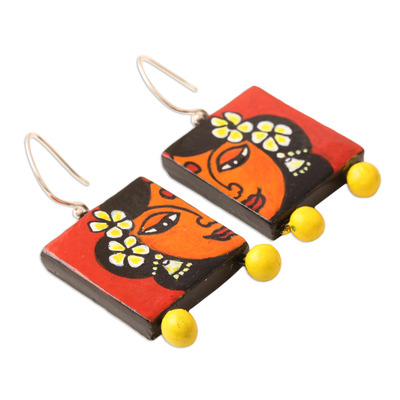 Ceramic dangle earrings, 'Indian Beauty' - Hand Crafted Ceramic Dangle Earrings from India