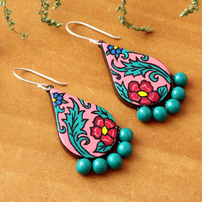 Ceramic dangle earrings, 'Hibiscus Trail' - Handmade Ceramic Floral Dangle Earrings from India