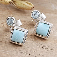 Pendientes colgantes de topacio azul y larimar - Aretes colgantes de plata esterlina con larimar y topacio azul