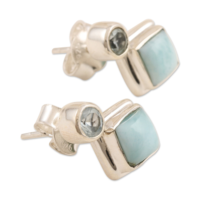 Blue topaz and larimar drop earrings, 'Harmony in Blue' - Larimar and Blue Topaz Sterling Silver Drop Earrings