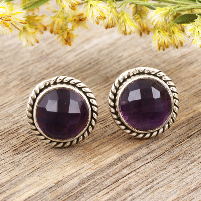 Amethyst stud earrings, Checkerboard in Purple