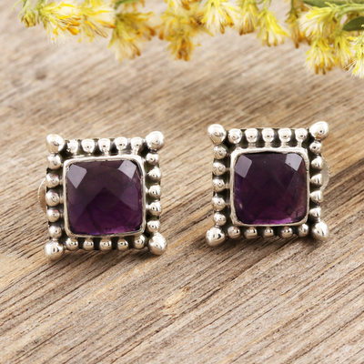 Amethyst stud earrings, 'Picture Perfect in Purple' - Checkerboard Faceted Amethyst Sterling Silver Stud Earrings