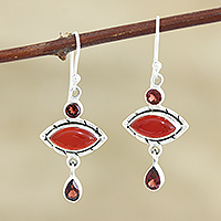 Garnet and carnelian dangle earrings, 'Red Fusion' - Garnet and Carnelian Sterling Silver Dangle Earrings