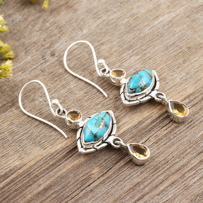 Citrine dangle earrings, 'Sky and Sun' - Composite Turquoise and Citrine Dangle Earrings