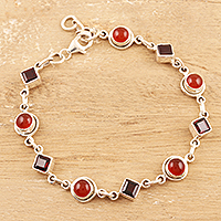 Garnet and carnelian link bracelet, 'Radiant Geometry' - Faceted Garnet and Carnelian Cabochon Bracelet