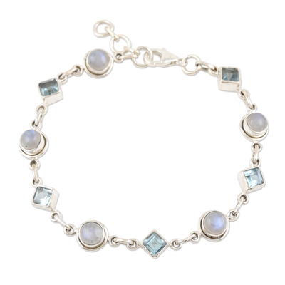 Rainbow moonstone and blue topaz link bracelet, 'Glowing Geometry' - Blue Topaz and Rainbow Moonstone Bracelet