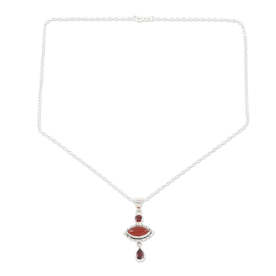 Carnelian and garnet pendant necklace, 'Red Fusion' - Carnelian and Garnet Sterling Silver Pendant Necklace
