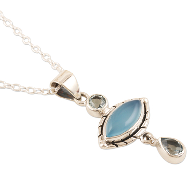 Chalcedony and blue topaz pendant necklace, 'Blue Fusion' - Chalcedony and Blue Topaz Sterling Silver Pendant Necklace