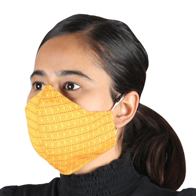 Cotton face masks, 'Elegant Fusion' (pair) - Pair of Cotton Face Masks in Marigold and Emerald