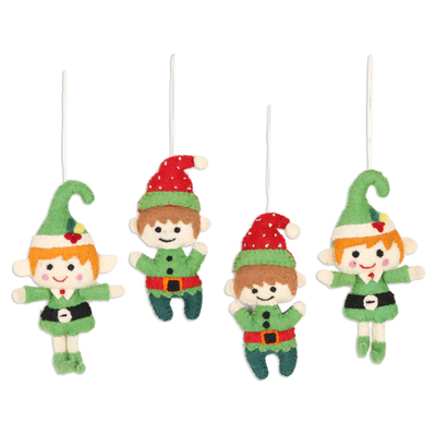 Wool felt ornaments, 'Elf Greetings' (set of 4) - Handmade Wool Felt Elf Ornaments (Set of 4)