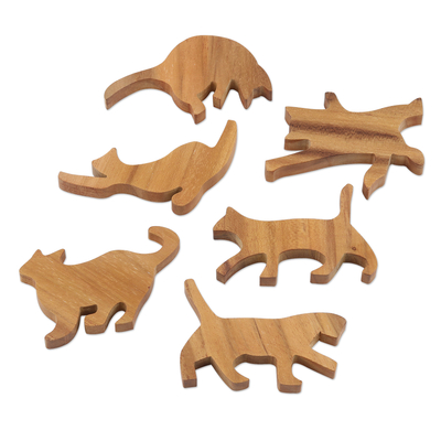 Juego de madera de teca, (6 piezas) - Juego de apilar con temática de gatos de madera de teca tallada a mano (6 piezas)