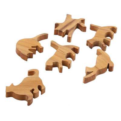 Juego de madera de teca, (6 piezas) - Juego de apilar con temática de gatos de madera de teca tallada a mano (6 piezas)
