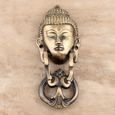Brass door knocker, 'Meditative Greeting' - Antique Finish Brass Buddha Door Knocker