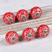 Hand painted ceramic knobs, 'Red Flowers' (set of 6) - Red Ceramic Floral Knobs from India (Set of 6)
