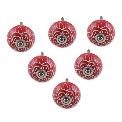 Hand painted ceramic knobs, 'Red Flowers' (set of 6) - Red Ceramic Floral Knobs from India (Set of 6)