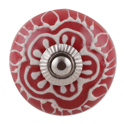Tiradores de cerámica pintados a mano, (juego de 6) - Tiradores florales de cerámica roja de la India (juego de 6)