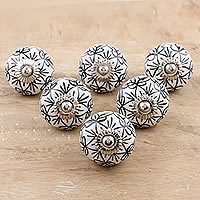 Hand painted ceramic knobs, 'White Flowers' (set of 6) - Black and White Ceramic Floral Knobs from India (Set of 6)