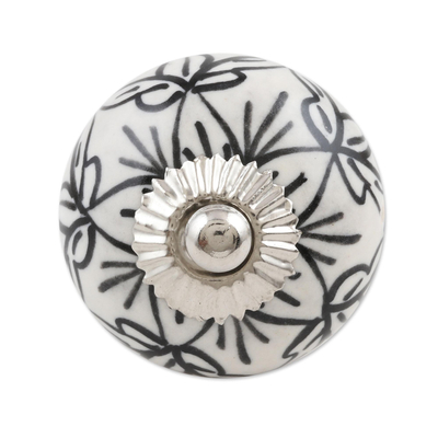 Hand painted ceramic knobs, 'White Flowers' (set of 6) - Black and White Ceramic Floral Knobs from India (Set of 6)