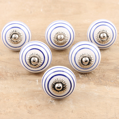 Hand painted ceramic knobs, 'Blue Loops' (set of 6) - Hand Painted Blue and White Knobs from India (Set of 6)