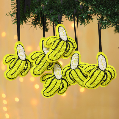 Beaded wool felt ornaments, 'Go Bananas' (set of 6) - Fun Beaded Banana Christmas Ornaments (Set of 6)