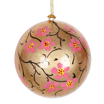 Papier mache ornaments, 'Cherry Blossom Christmas' (set of 6) - Artisan Crafted Floral Christmas Ornaments ( set of 6)