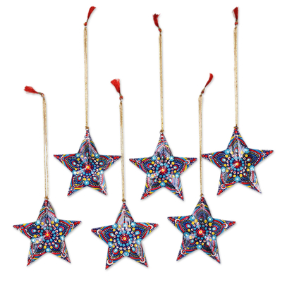 Wood ornaments, 'Cheerful Stars' (set of 6) - Handmade Star Ornaments from India (Set of 6)