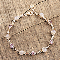 Rainbow moonstone and amethyst link bracelet, 'Ravishing Beauty in Purple' - Handmade Rainbow Moonstone and Amethyst Link Bracelet