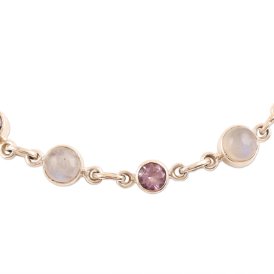 Rainbow moonstone and amethyst link bracelet, 'Ravishing Beauty in Purple' - Handmade Rainbow Moonstone and Amethyst Link Bracelet