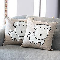 Embroidered cotton cushion covers, 'Dog's Day Off' (pair) - Embroidered Cotton Cushion Covers from India (Pair)