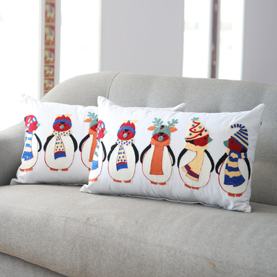 Embroidered cotton cushion covers, 'Penguin Party' (pair) - Embroidered Cotton Penguin Cushion Covers from India (Pair)