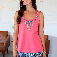 Camiseta de tirantes de algodón bordada, 'Floral Story in Pink' - Camiseta de tirantes de algodón con motivos florales bordados