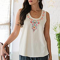Embroidered Cotton Tank Top from India,'Floral Story in Light Green'