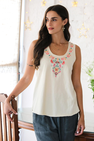 Embroidered cotton tank top, 'Floral Story in Light Green' - Embroidered Cotton Tank Top from India
