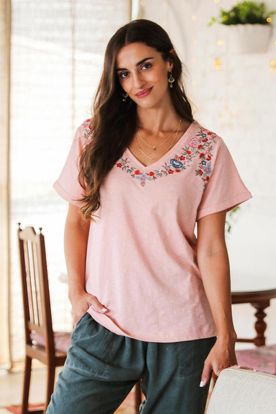 Embroidered cotton t-shirt, 'Spring Glee in Petal Pink' - Embroidered Pink Cotton T-Shirt from India