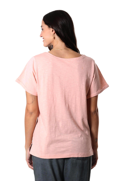 Camiseta algodón bordado - Camiseta de algodón rosa bordada de India