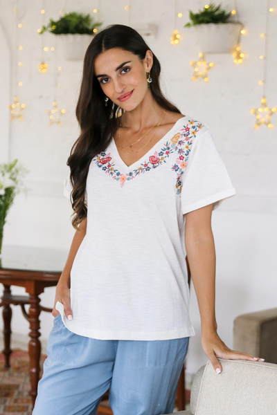 Embroidered cotton t-shirt, 'Spring Glee in Off-White' - Embroidered Cotton Floral-Motif T-Shirt