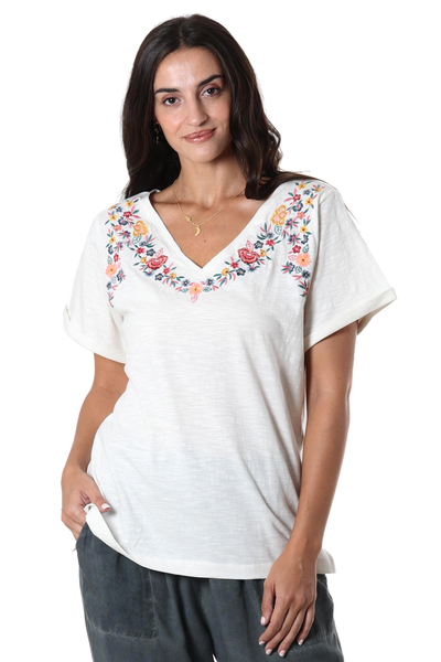 T-Shirt aus bestickter Baumwolle mit Blumenmotiv