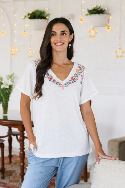 Embroidered cotton t-shirt, 'Spring Glee in Off-White' - Embroidered Cotton Floral-Motif T-Shirt