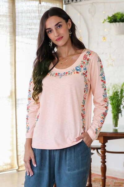 Embroidered cotton t-shirt, Floral Ode in Petal Pink