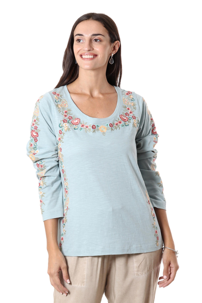 Embroidered cotton t-shirt, 'Floral Ode in Celadon' - Embroidered Blue Cotton T-Shirt