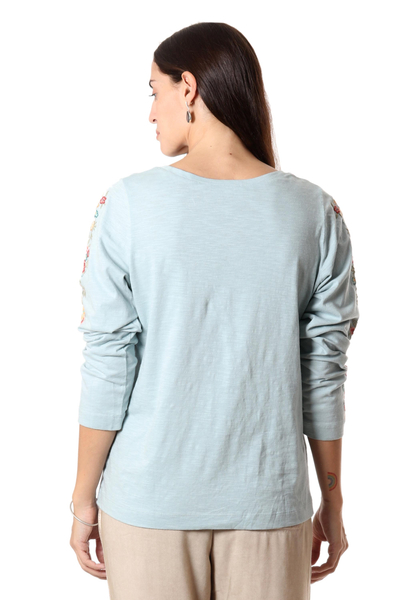 Embroidered cotton t-shirt, 'Floral Ode in Celadon' - Embroidered Blue Cotton T-Shirt