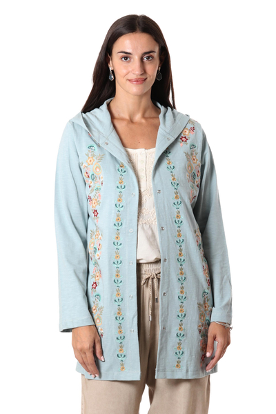 Embroidered cotton hoodie, 'Pale Paradise' - Embroidered Cotton Floral-Motif Hoodie