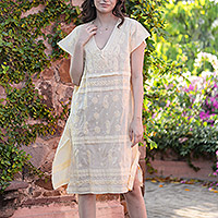 Embroidered cotton shift dress, 'Paisley Garden in Yellow'