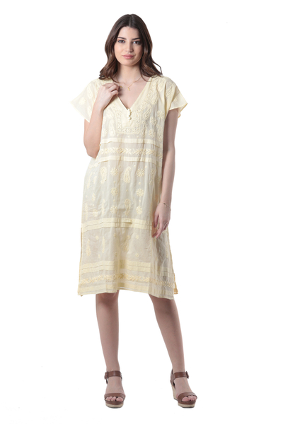 Embroidered cotton shift dress, 'Paisley Garden in Yellow' - Hand Made Embroidered Yellow Cotton Shift Dress